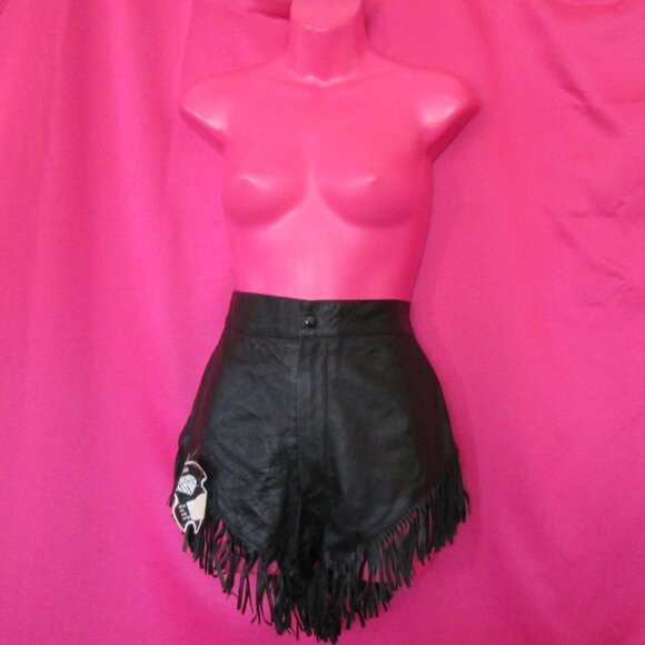 1980s NWT vintage black leather fringe shorts size small xs